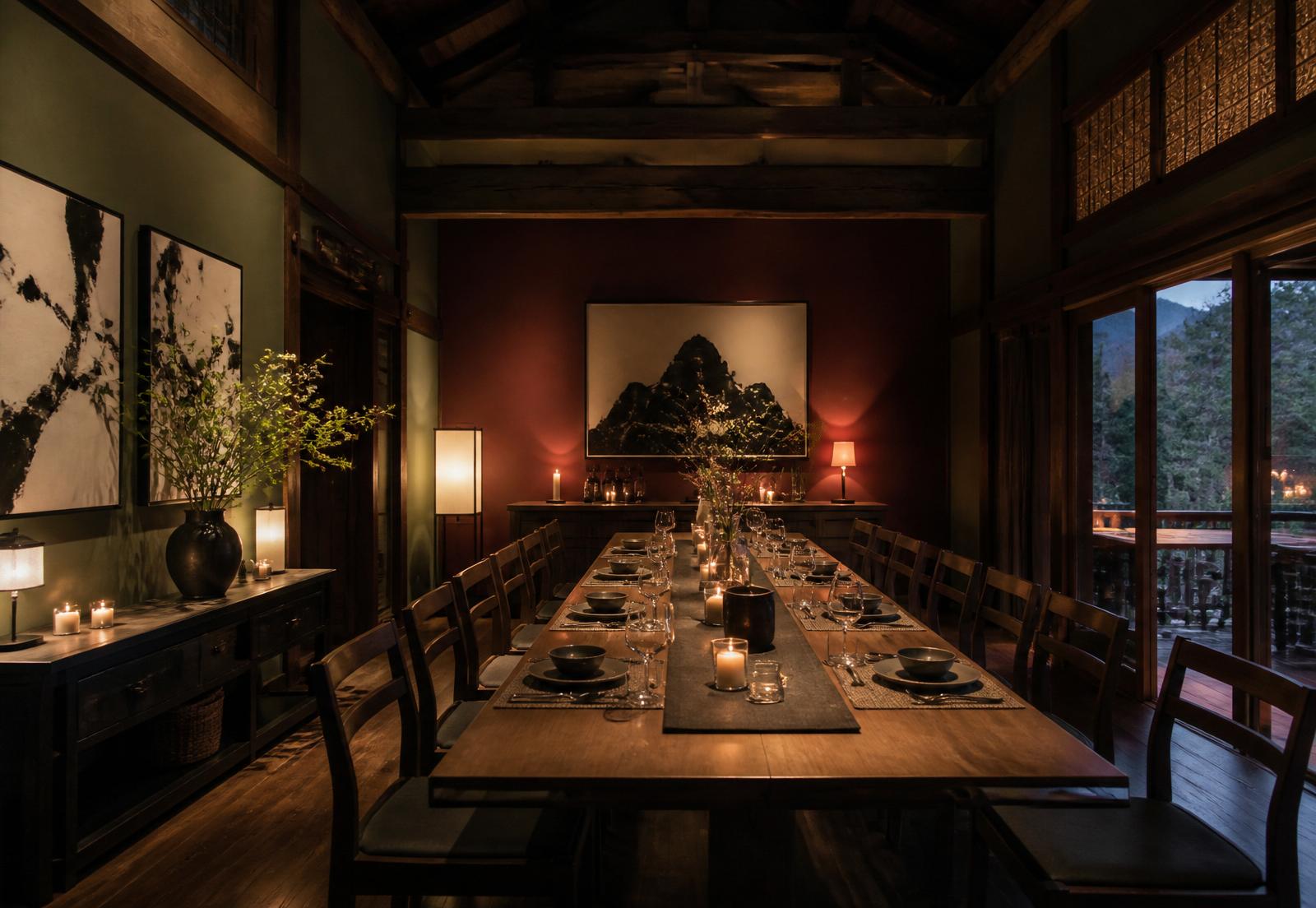 The candlelit communal dining room set for a group dinner