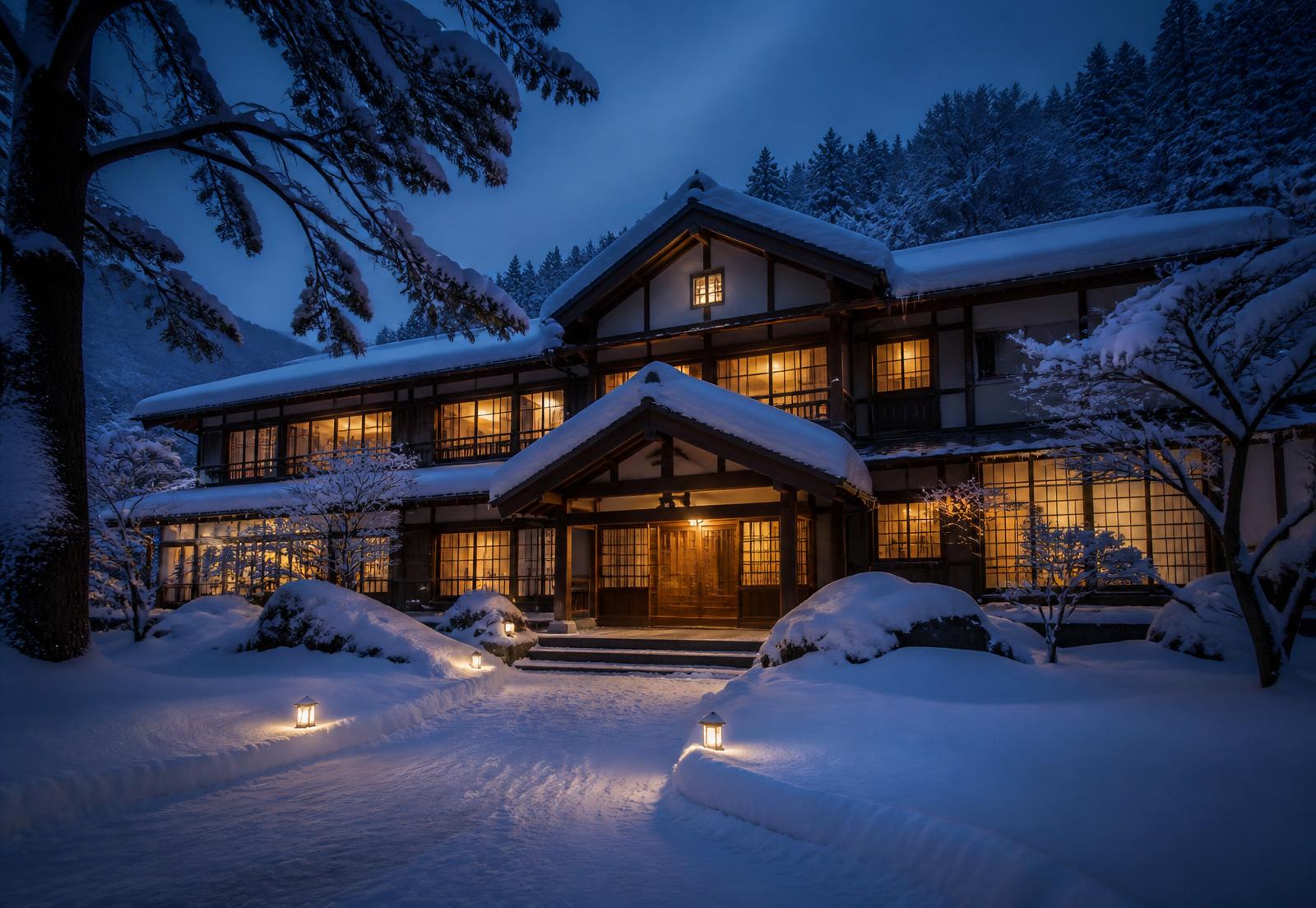 The lodge exterior glowing warmly in deep snow at blue hour