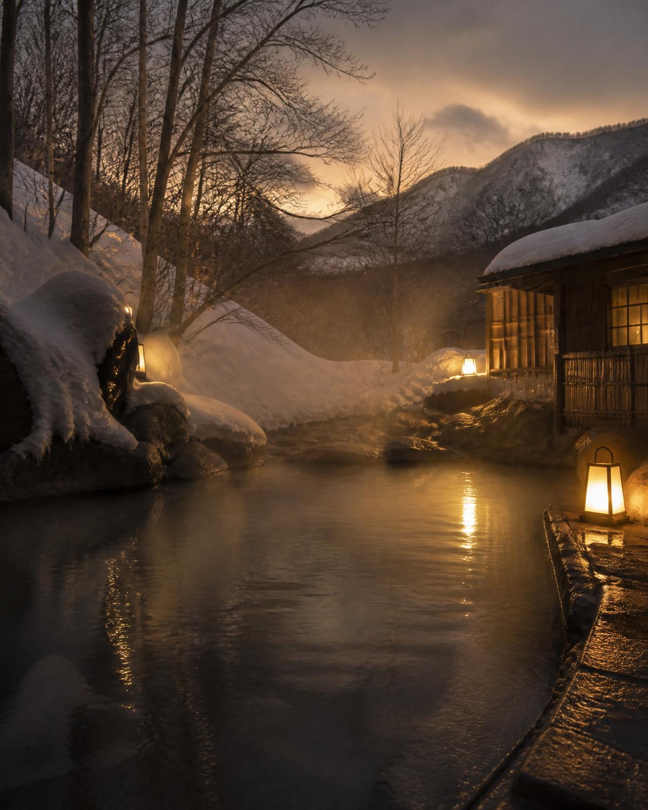 Steam rising from a lantern-lit onsen at dusk